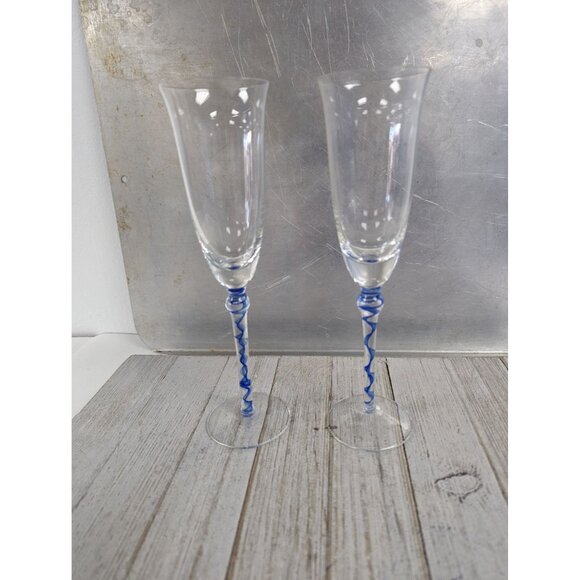 Pier 1 Set of 3 Wine Champagne Glasses 9 1/4" Tall Blue Ribbon Stem - Picture 5 of 7